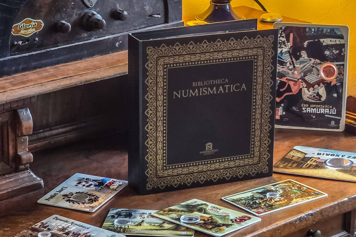 The Bibliotheca Numismatica collector's binder and numismatic cards by Numismatický institut.