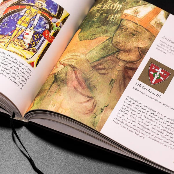 Open book — medieval imagery and coats of arms.